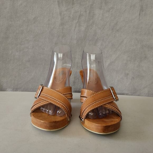 Bongo Wood Sandals Womens 8 Platform Chunky Heel Brown Leather Studs Buckle Y2K - Picture 5 of 12